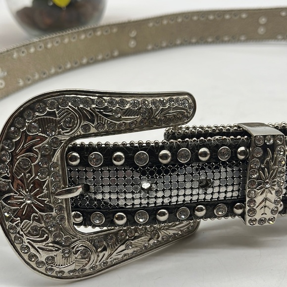 Nocona Black Silver Bling Western Belt leather with rhinestones Sz XL main image 8